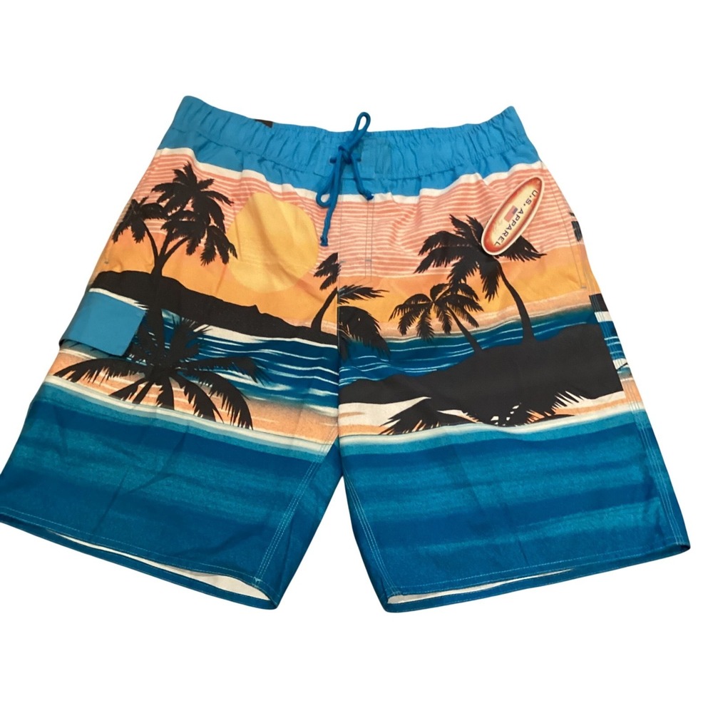 US Apparel‎ Men's Swim Trunks Size Large Tropical Palm Tree Sunset
